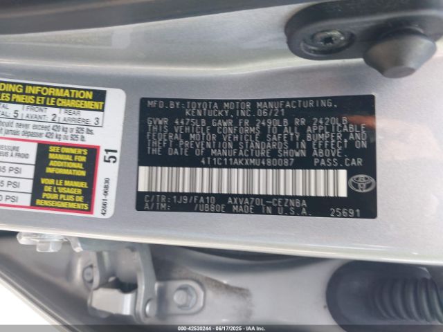 2021 TOYOTA CAMRY 4T1C11AKXMU480087 Photo 8
