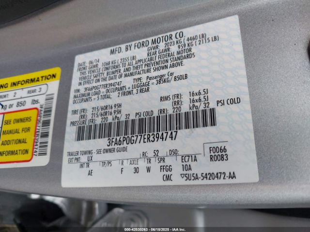 2014 FORD FUSION 3FA6P0G77ER394747 Photo 8