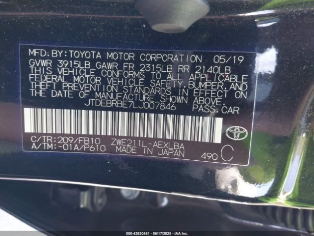 JTDEBRBE7LJ007846 Toyota 2zr-fxe, 1nm