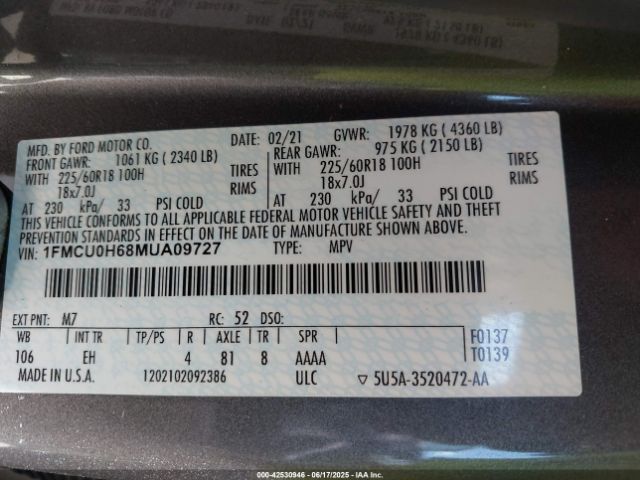 2021 FORD ESCAPE 1FMCU0H68MUA09727 Photo 8