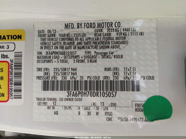 Продаж на аукціоні авто 2013 Ford Fusion Se, vin: 3FA6P0H70DR105057, номер лоту: 42531064
