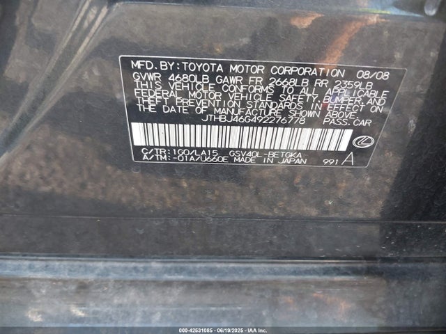 42531085 :رقم المزاد ، JTHBJ46G492276778 vin ، 2009 Lexus Es 350 مزاد بيع