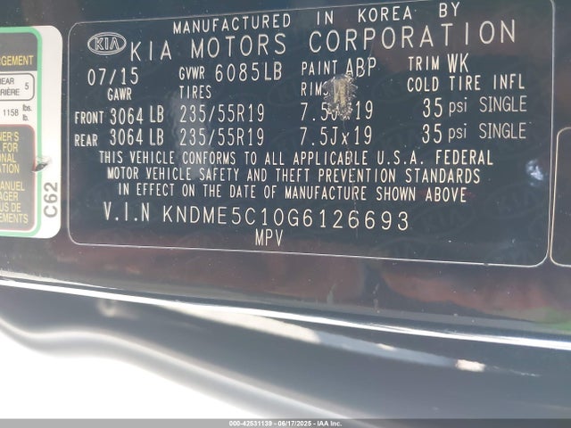 KNDME5C10G6126693 KIA dohc gdi lambda ii