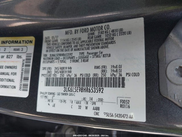 3LN6L5E98HR653592 Lincoln 2.0l gtdi high w/premium fuel