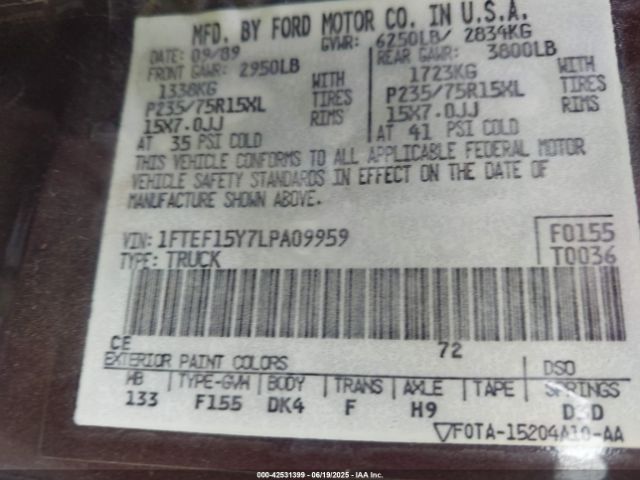 1990 FORD F150 1FTEF15Y7LPA09959 Photo 8