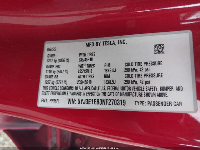 2022 TESLA MODEL 3 5YJ3E1EB0NF270319 Photo 8