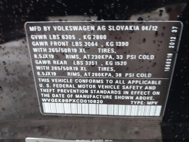 2012 VOLKSWAGEN TOUAREG WVGEK9BPXCD010820 Photo 8