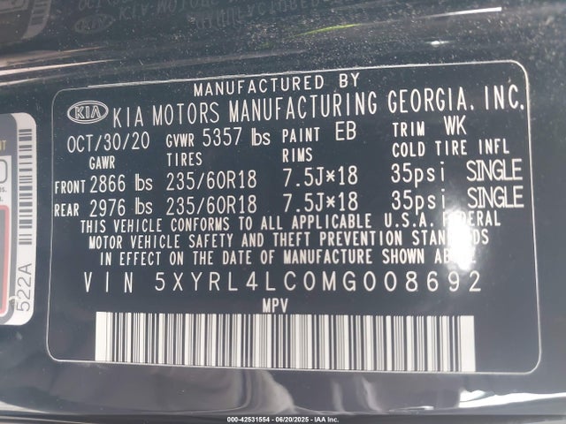 5XYRL4LC0MG008692 KIA gdi theta-iii