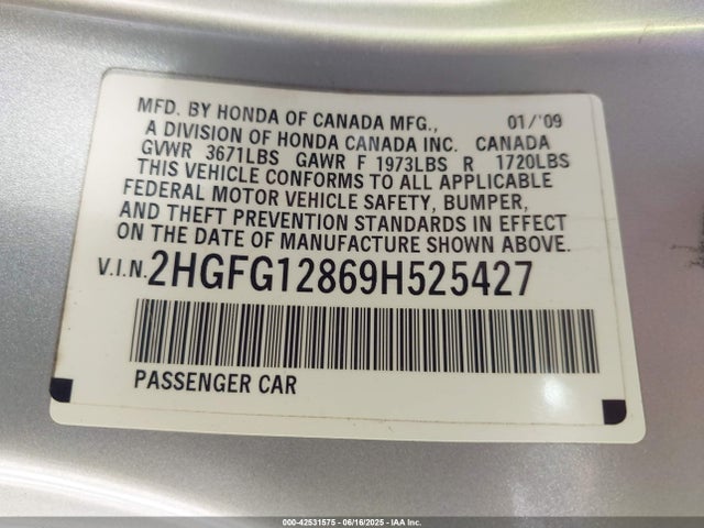 Aukcja sprzedaży 2009 Honda Civic Ex, vin: 2HGFG12869H525427, numer aukcji: 42531575