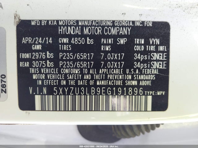 5XYZU3LB9EG191896 Hyundai gdi theta