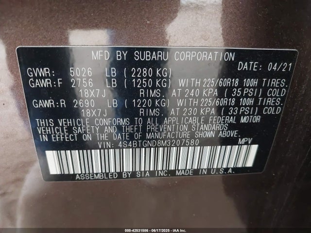 Subaru 2021 2021 4S4BTGND8M3207580 Image 9