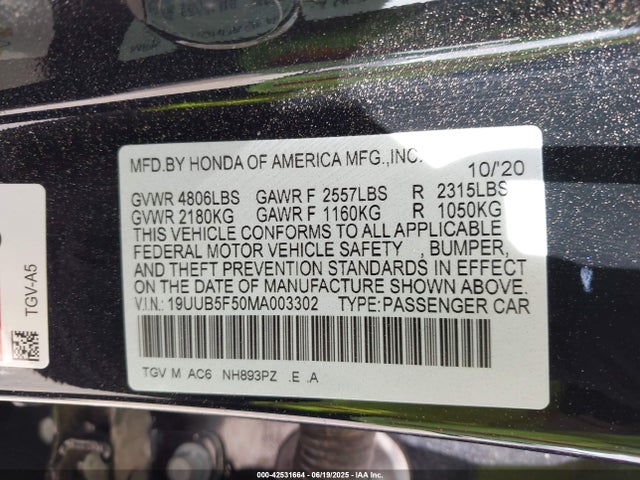 Acura k20c6 2021 19UUB5F50MA003302 Image 9