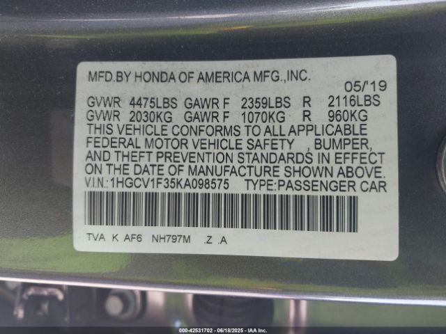 1HGCV1F35KA098575 Honda l15be