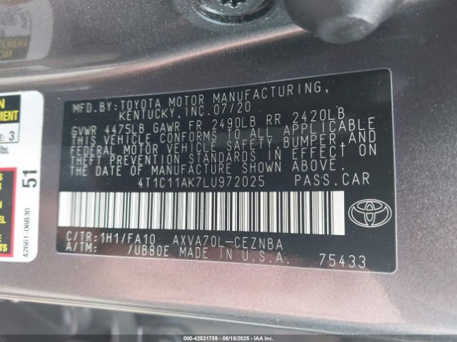 2020 TOYOTA CAMRY 4T1C11AK7LU972025 Photo 8