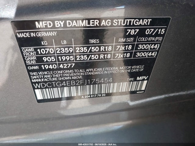 WDCTG4EB2FJ175454 Mercedes-Benz 2015