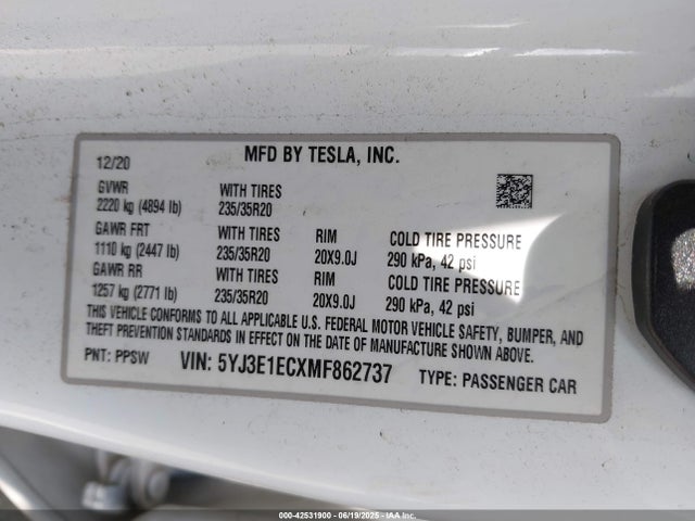 5YJ3E1ECXMF862737 Tesla 2021
