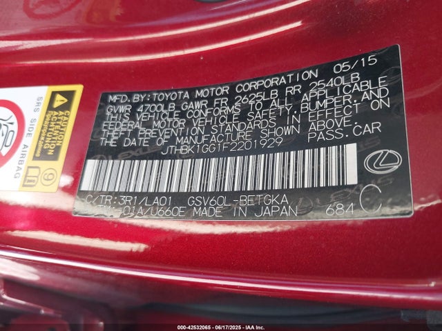 Lexus 2gr-fe 2015 JTHBK1GG1F2201929 Image 9