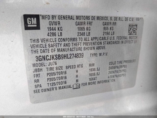 3GNCJKSB9HL274839 Chevrolet luv - mfi, vvt: variable valve timing, e85 max, alum