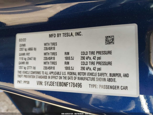 2022 TESLA MODEL 3 5YJ3E1EB0NF178496 Photo 8