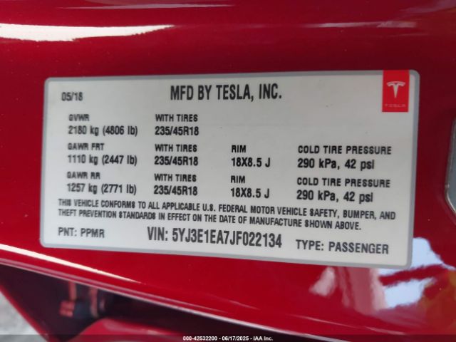 5YJ3E1EA7JF022134 Tesla MODEL 3
