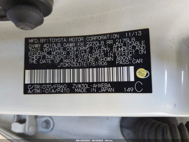 JTDKN3DU1E1761906 Toyota 2zr-fxe+3jm
