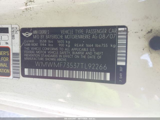2007 MINI COOPER S WMWMF73537TL92266 Photo 8