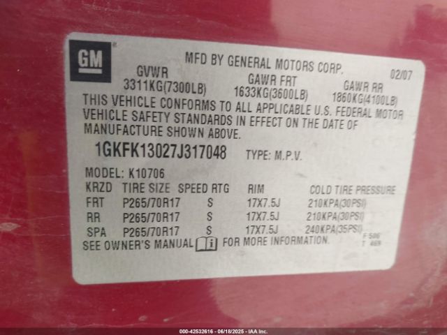 2007 GMC YUKON 1GKFK13027J317048 Photo 8