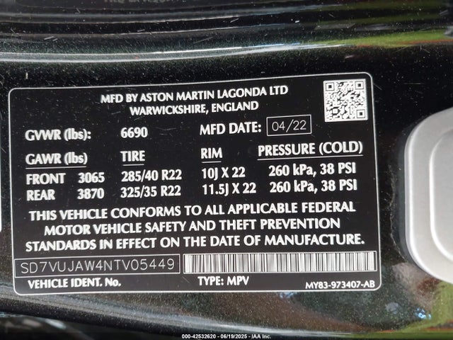 Aston Martin 177950 2022 SD7VUJAW4NTV05449 Image 9