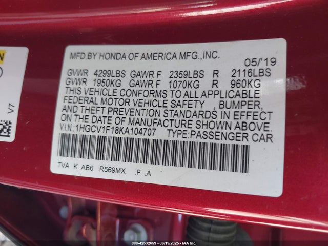 1HGCV1F18KA104707 Honda l15be