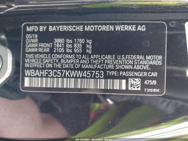 WBAHF3C57KWW45753 BMW 2019