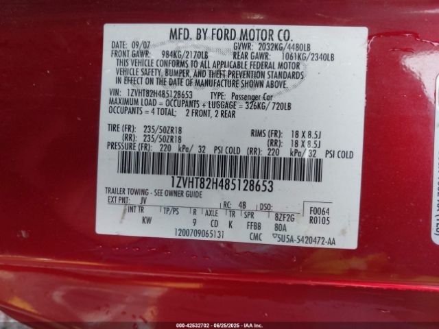 2008 FORD MUSTANG 1ZVHT82H485128653 Photo 8
