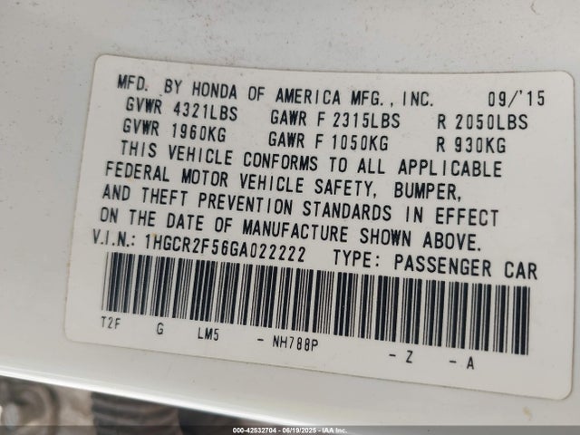 1HGCR2F56GA022222 Honda k24w1