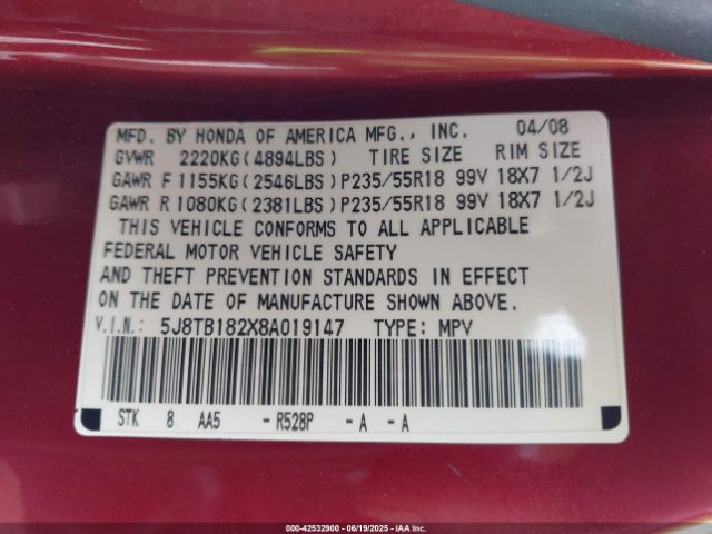 2008 ACURA RDX 5J8TB182X8A019147 Photo 8