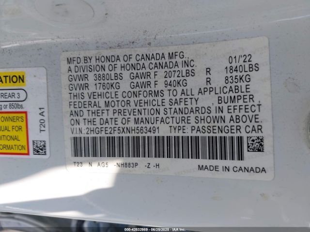 2022 HONDA CIVIC 2HGFE2F5XNH563491 Photo 8