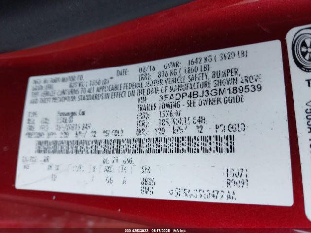 3FADP4BJ3GM189539 Ford 1.6l ti-vct premium fuel