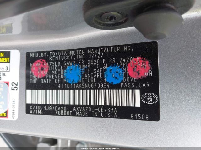 2022 TOYOTA CAMRY 4T1G11AK5NU670964 Photo 8