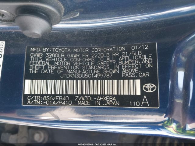 2012 TOYOTA PRIUS JTDKN3DU5C1499787 Photo 8