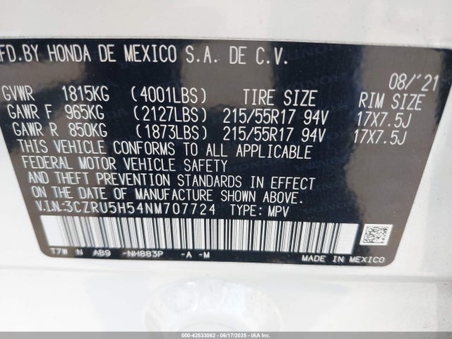 3CZRU5H54NM707724 Honda r18z9