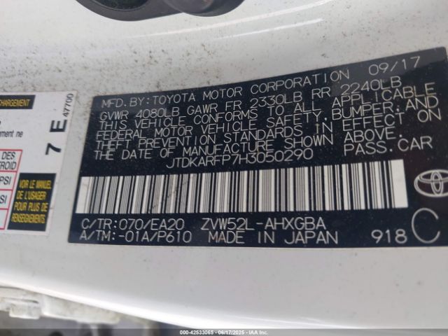 JTDKARFP7H3050290 Toyota 2zr-fxe+1nm