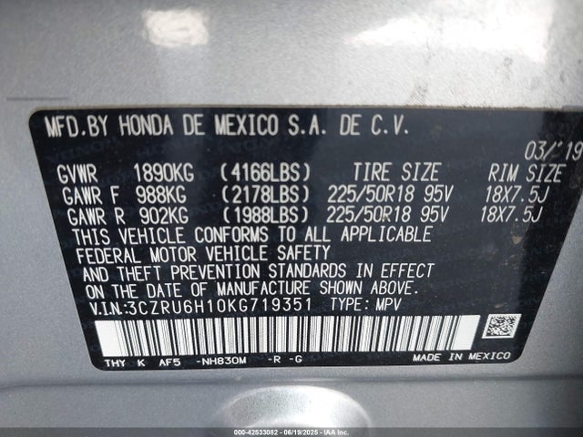 3CZRU6H10KG719351 Honda r18z9