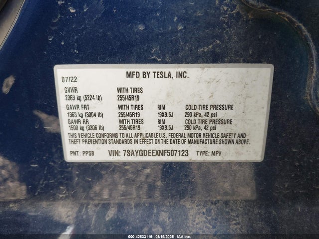 2022 TESLA MODEL Y 7SAYGDEEXNF507123 Photo 8