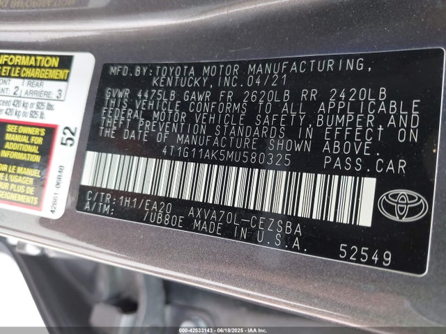 4T1G11AK5MU580325 Toyota a25a-fks
