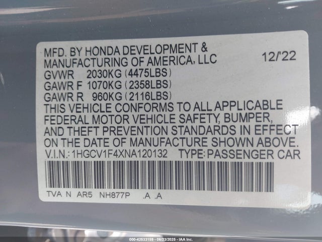 1HGCV1F4XNA120132 Honda l15be