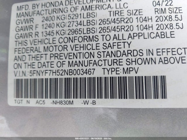 Honda j35y6 2022 5FNYF7H52NB003467 Image 9