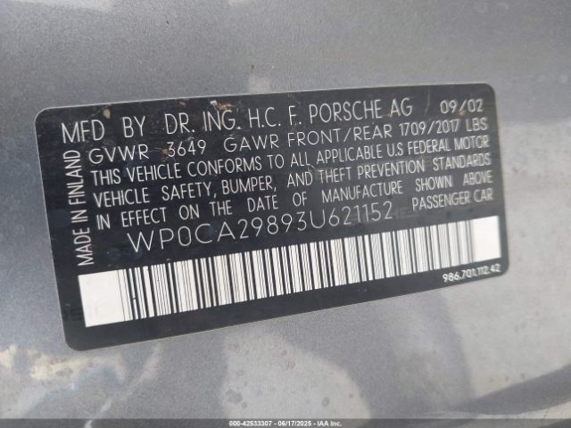 2003 PORSCHE BOXSTER WP0CA29893U621152 Photo 8
