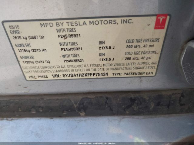 2015 TESLA MODEL S 5YJSA1H2XFFP75434 Photo 8