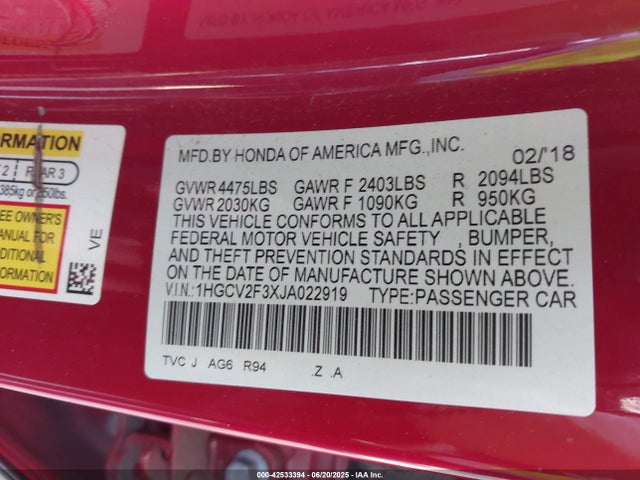 1HGCV2F3XJA022919 Honda k20c4