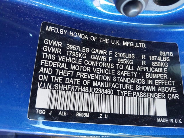 SHHFK7H48JU238460 Honda l15ba