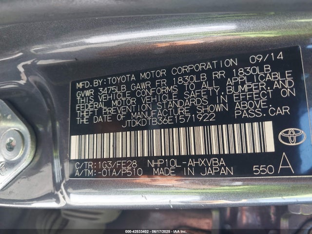 JTDKDTB36E1571922 Toyota 1nz-fxe+1lm