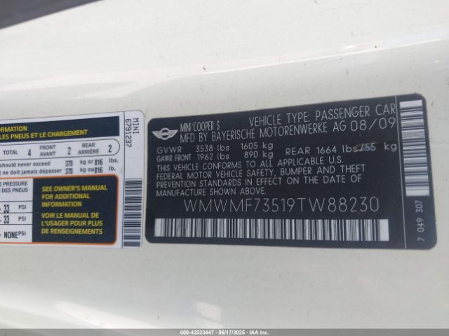 2009 MINI COOPER S WMWMF73519TW88230 Photo 8